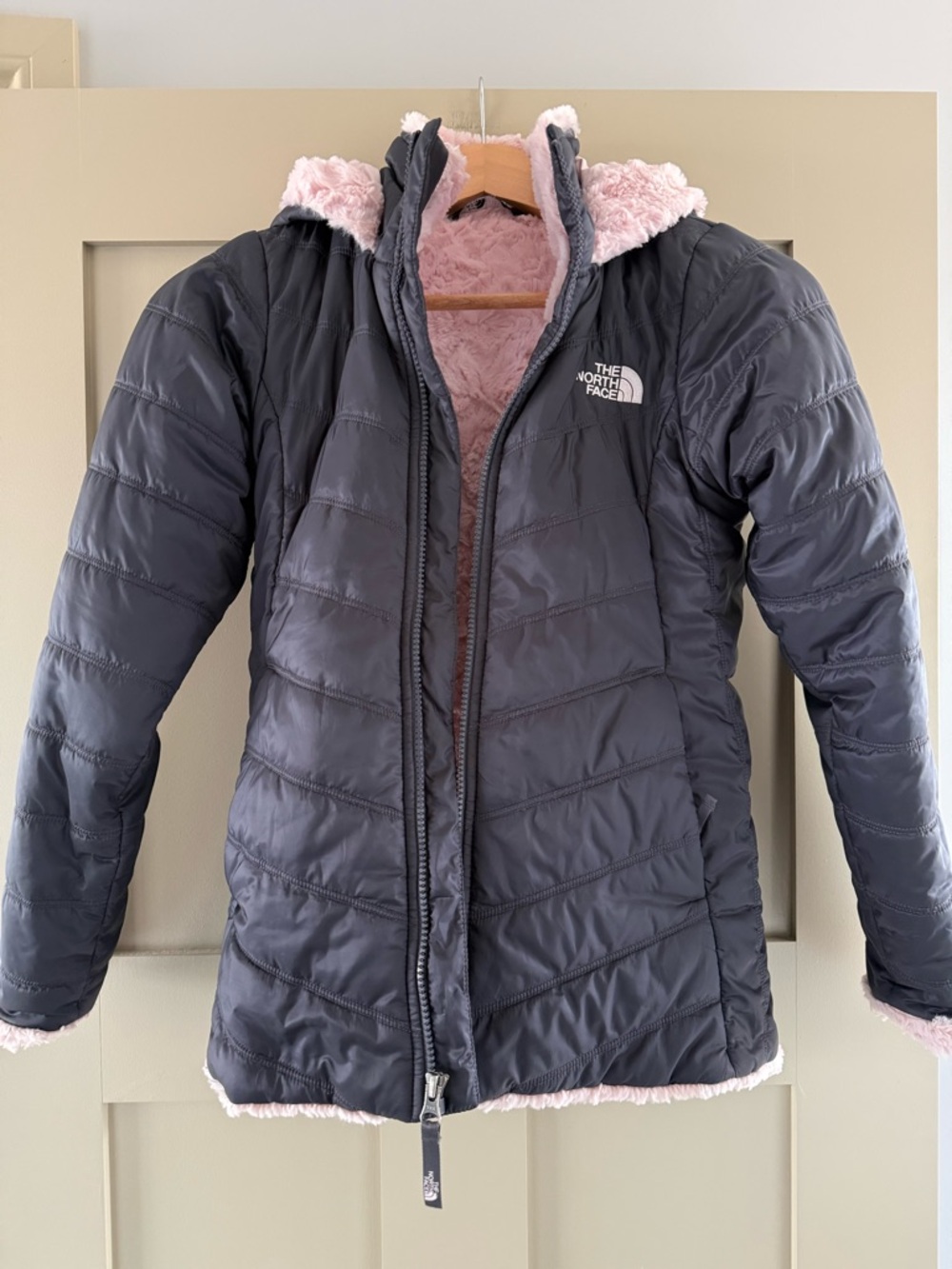 The North Face Girl’s Navy Puffer with Pink Sherpa Lining